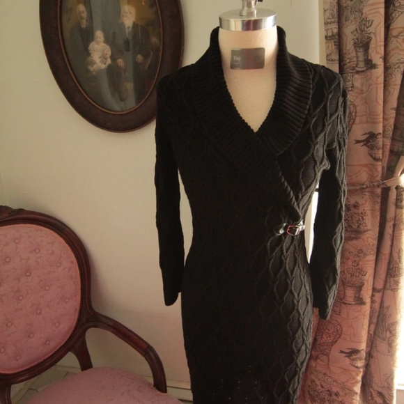 Y2K Calvin Klein Black Cabled Knit Belted Sweater Dress - Picture 1 of 6